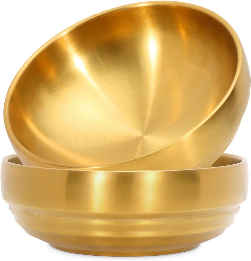 Roucerlin 2Pcs 9 Gold 304 Stainless Steel Soup Bowl 43Oz Deep Mixing Bowl Double Walled Salad Container Durable Ramen Rice Noddle Insulated Sashimi Dish Serving for Home Restaurant Buffet BBQ - Image 1