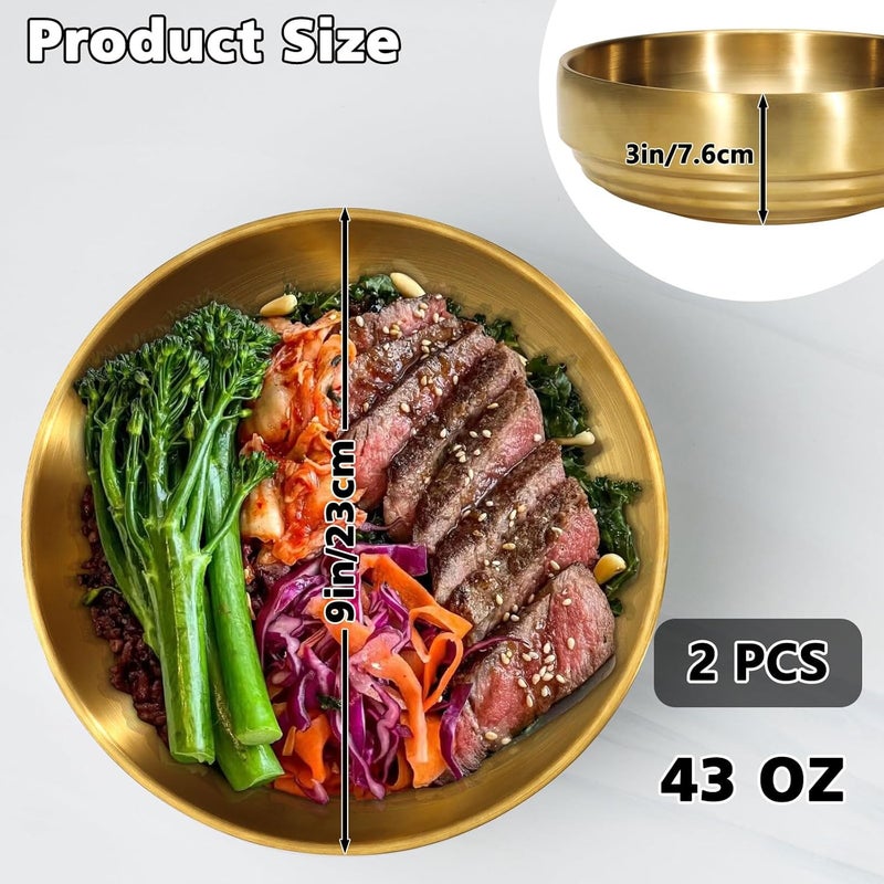 Roucerlin 2Pcs 9 Gold 304 Stainless Steel Soup Bowl 43Oz Deep Mixing Bowl Double Walled Salad Container Durable Ramen Rice Noddle Insulated Sashimi Dish Serving for Home Restaurant Buffet BBQ - Image 3
