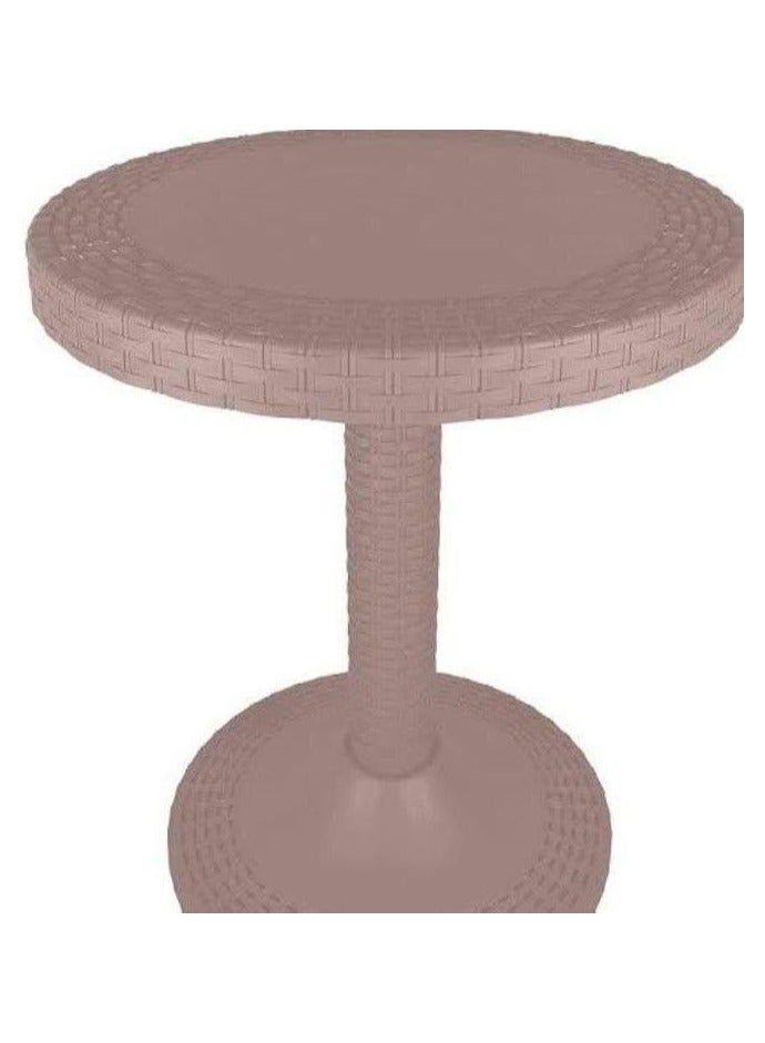 Round plastic table with a wood-textured surface. Strong material, elegant appearance, and multiple uses indoors or outdoors. - Image 1