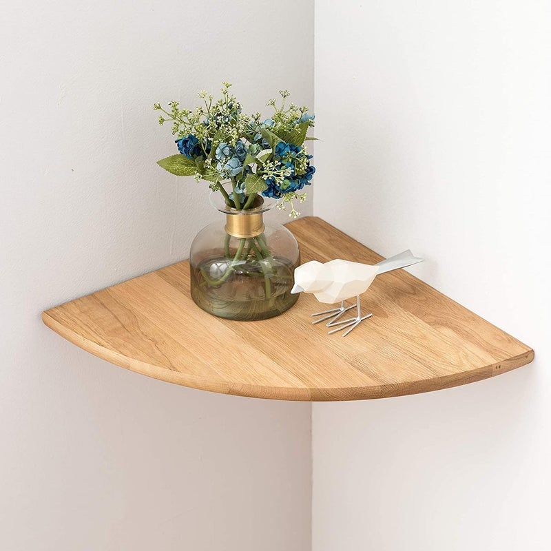 Conamily Corner Shelf Solid Oak Wood Floating Corner Shelf Wall Mount Round End Floating Speaker with Wire Hole for Small Plant Photo for Bedroom Kitchen Living Room