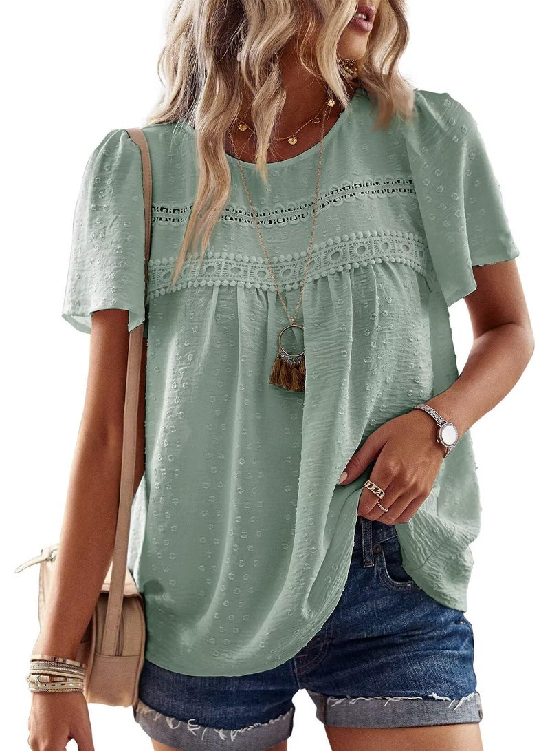 Falechay Womens Summer Tops Solid Blouses for Women Fashion 2026 Short Sleeve Boho Pullover Flowy Round Neck Tunic Fall Loose Sage Green L - Image 1