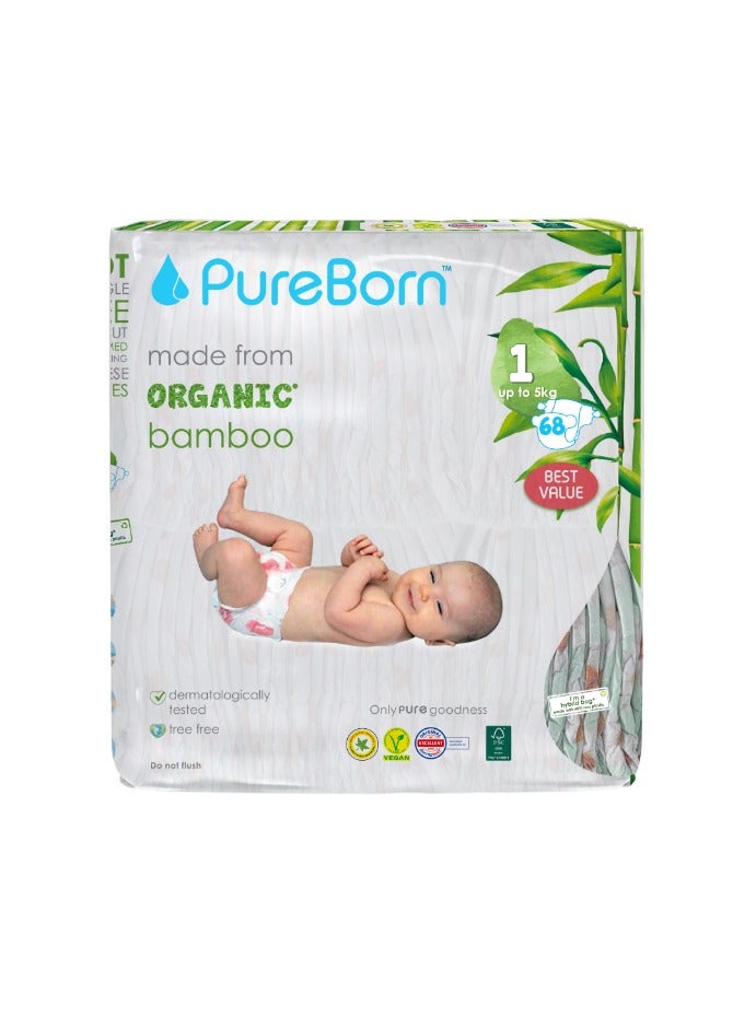 PureBorn Organic Diapers Size-1 Upto 5kg Twin Value Pack Daisy Print 68 Diapers - Image 1