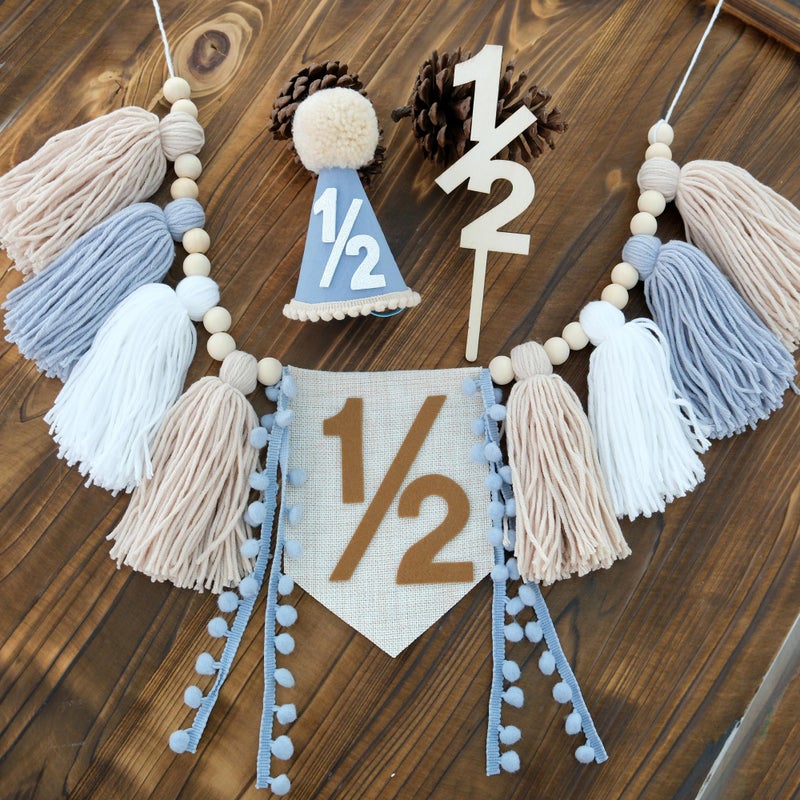 Ereniko Half Birthday Boy Decorations,Blue 1/2 Birthday High Chair Banner With Cone Hat And Half Cake Topper,Half Way To One Decorations Kit For Baby Boy,Happy 6 Month Party Photoshoot Props - Image 1