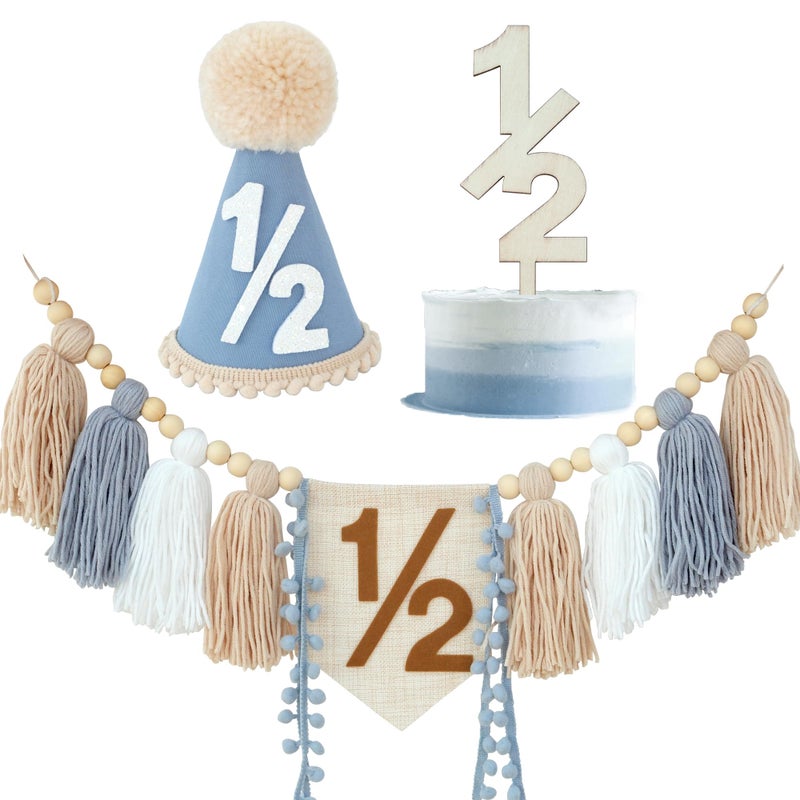 Ereniko Half Birthday Boy Decorations,Blue 1/2 Birthday High Chair Banner With Cone Hat And Half Cake Topper,Half Way To One Decorations Kit For Baby Boy,Happy 6 Month Party Photoshoot Props - Image 2
