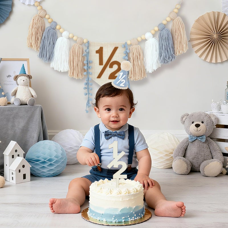 Ereniko Half Birthday Boy Decorations,Blue 1/2 Birthday High Chair Banner With Cone Hat And Half Cake Topper,Half Way To One Decorations Kit For Baby Boy,Happy 6 Month Party Photoshoot Props - Image 5