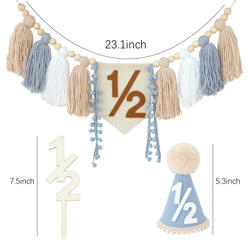 Ereniko Half Birthday Boy Decorations,Blue 1/2 Birthday High Chair Banner With Cone Hat And Half Cake Topper,Half Way To One Decorations Kit For Baby Boy,Happy 6 Month Party Photoshoot Props - Image 3