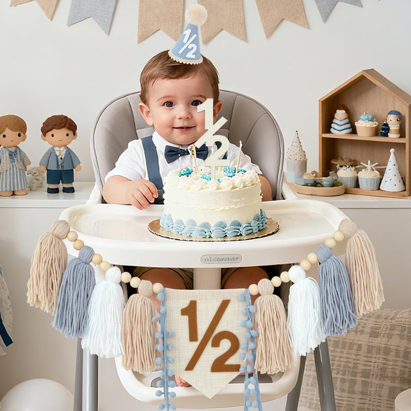 Ereniko Half Birthday Boy Decorations,Blue 1/2 Birthday High Chair Banner With Cone Hat And Half Cake Topper,Half Way To One Decorations Kit For Baby Boy,Happy 6 Month Party Photoshoot Props - Image 4