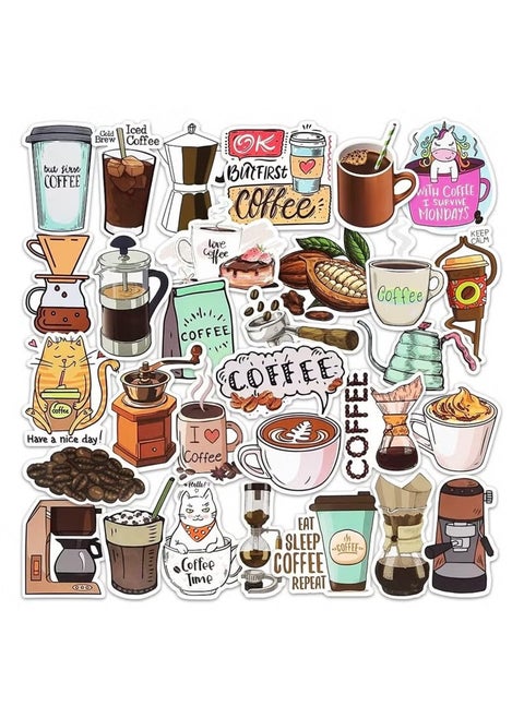 50 Pieces Coffee Cartoon Stickers, Vinyl Coffee Water Bottle Sticker Pack for Coffee Gifts, Coffee Party Favors, Coffee Accessorise, for Laptop,Skateboard,Water Bottles,Computer,Phone, Guitars