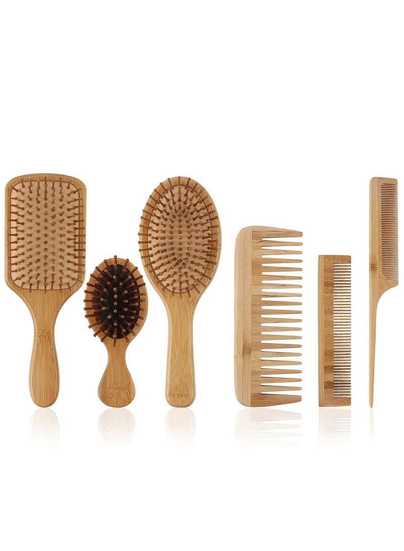 HomarKet 6-Piece Natural Bamboo Paddle Hair Brush And Comb Set Beige - Image 1