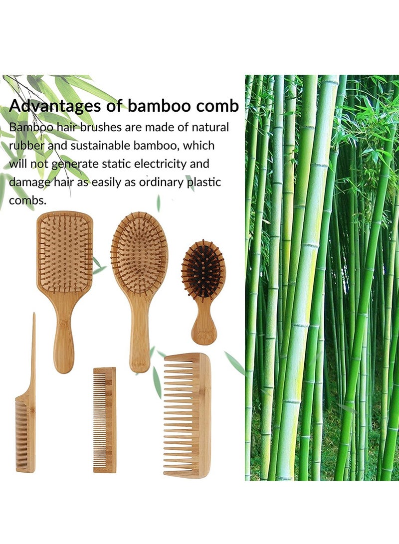 HomarKet 6-Piece Natural Bamboo Paddle Hair Brush And Comb Set Beige - Image 2