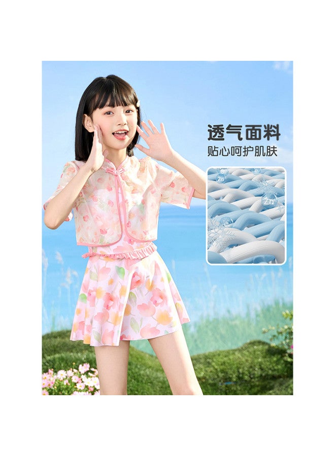 YouYou Girls' Swimsuit 2025 New Chinese Style Strapless One-piece Dress Style Medium And Large Girls' Swimming Pool Hot Spring Swimsuit - Image 3
