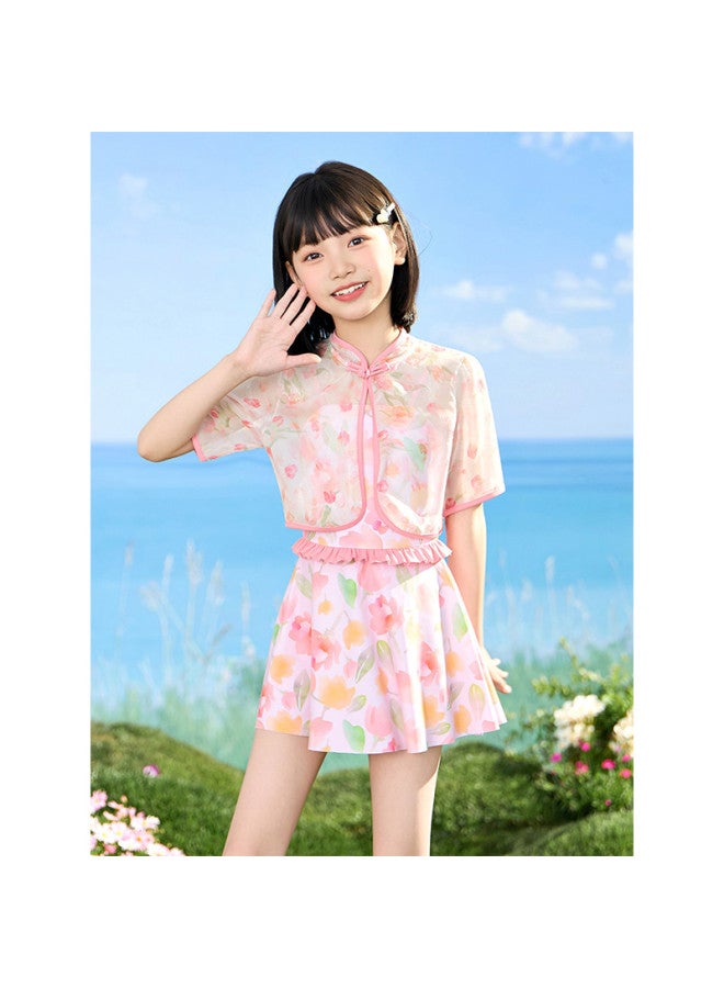 YouYou Girls' Swimsuit 2025 New Chinese Style Strapless One-piece Dress Style Medium And Large Girls' Swimming Pool Hot Spring Swimsuit - Image 2