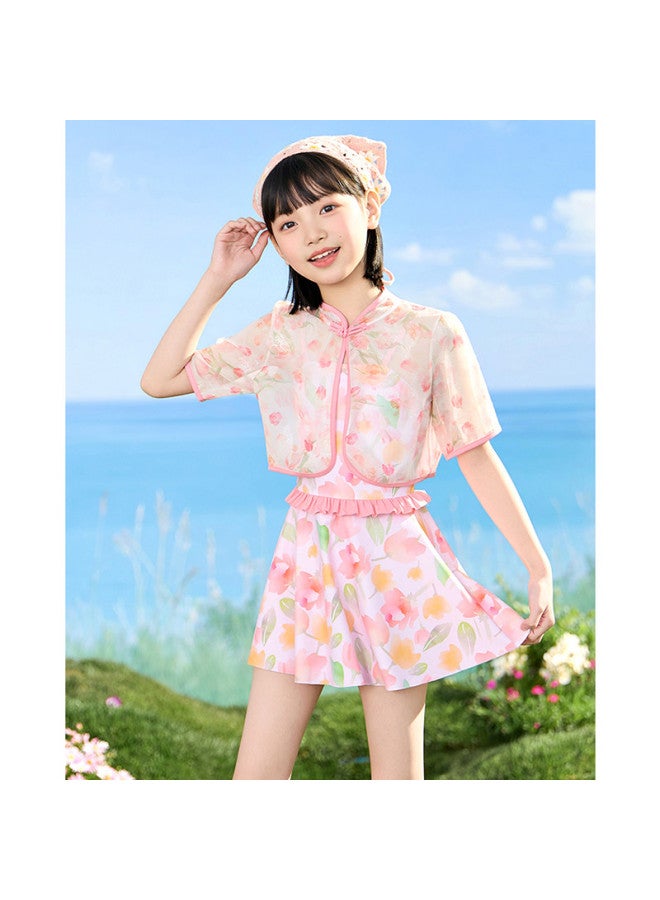 YouYou Girls' Swimsuit 2025 New Chinese Style Strapless One-piece Dress Style Medium And Large Girls' Swimming Pool Hot Spring Swimsuit - Image 5