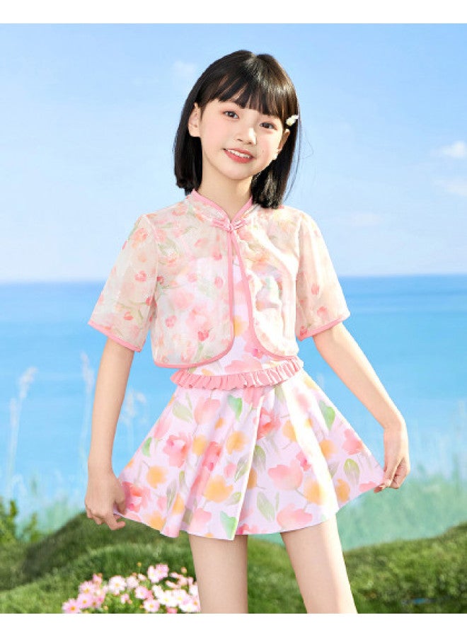 YouYou Girls' Swimsuit 2025 New Chinese Style Strapless One-piece Dress Style Medium And Large Girls' Swimming Pool Hot Spring Swimsuit - Image 1