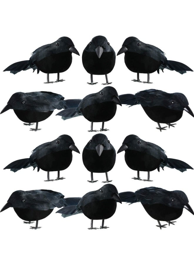 جورونب ١٢ عبوة من غراب الهالوين الأسود ذي الريش الحقيقي، غراب واقعي مصنوع يدويًا بريش حقيقي، مناسب للفناء والحديقة والشجرة والداخل والخارج، وديكورات الهالوين. - Image 1