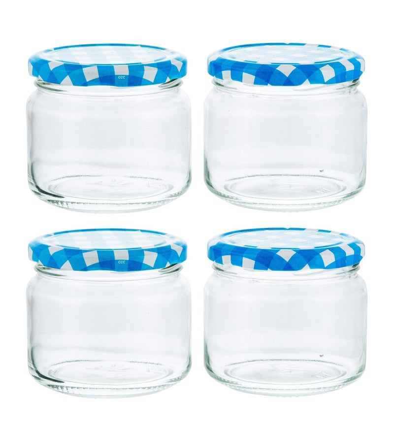 Machak Round Glass Jars Set For Kitchen Storage Airtight, 350ml, With Blue Lid (4 Pieces) - Image 1