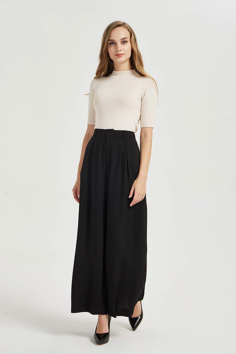 Tronjori Women High Waist Casual Wide Leg Long Palazzo Pants Trousers Regular Size(XS Short,Black) - Image 2