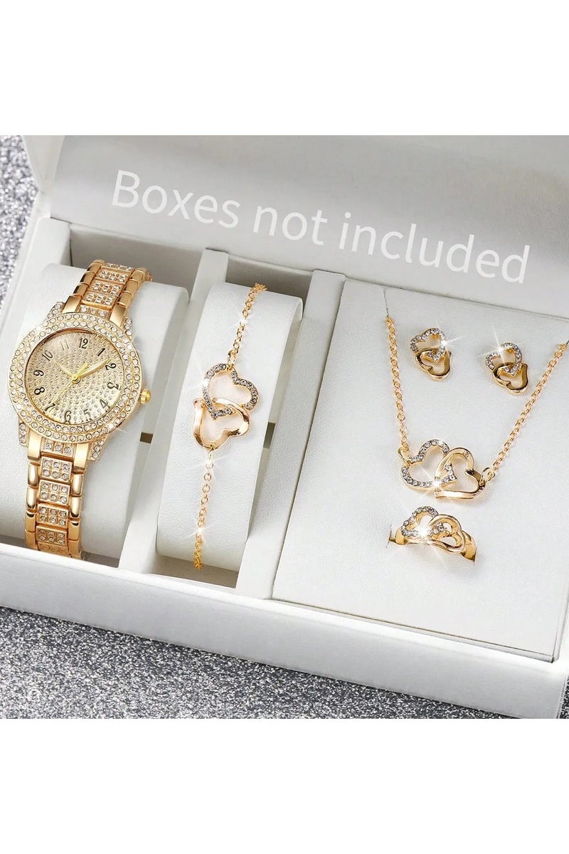 Luxury women's accessory set consisting of 5 pieces, including a women's watch, bracelet, necklace, earrings, and ring in gold color, adorned with sparkling rhinestones. The set is rust-resistant, making it ideal for gifting to a loved one, as a graduation gift, birthday gift, or for all special occasions. Box not included. - Image 1