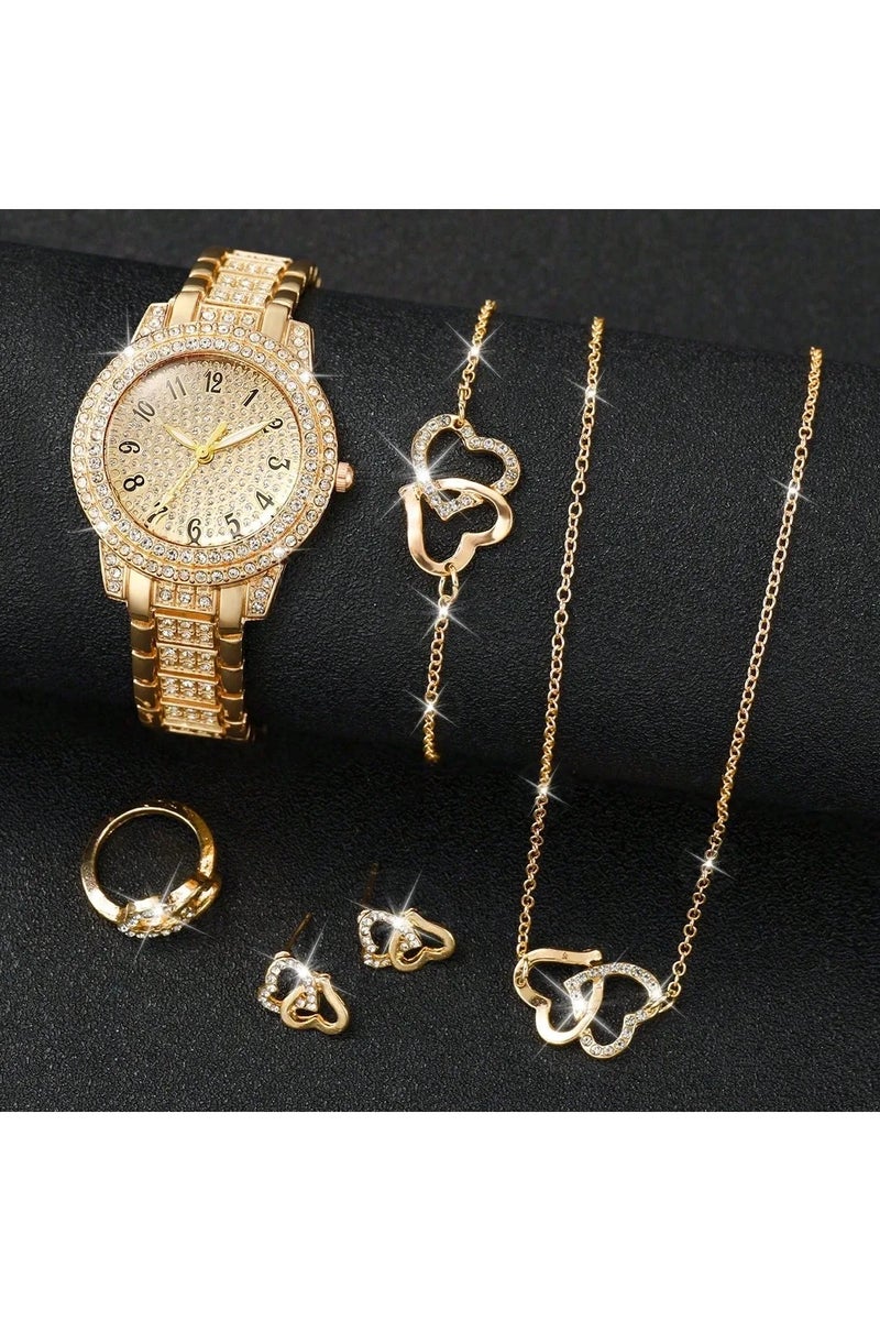 Luxury women's accessory set consisting of 5 pieces, including a women's watch, bracelet, necklace, earrings, and ring in gold color, adorned with sparkling rhinestones. The set is rust-resistant, making it ideal for gifting to a loved one, as a graduation gift, birthday gift, or for all special occasions. Box not included. - Image 2