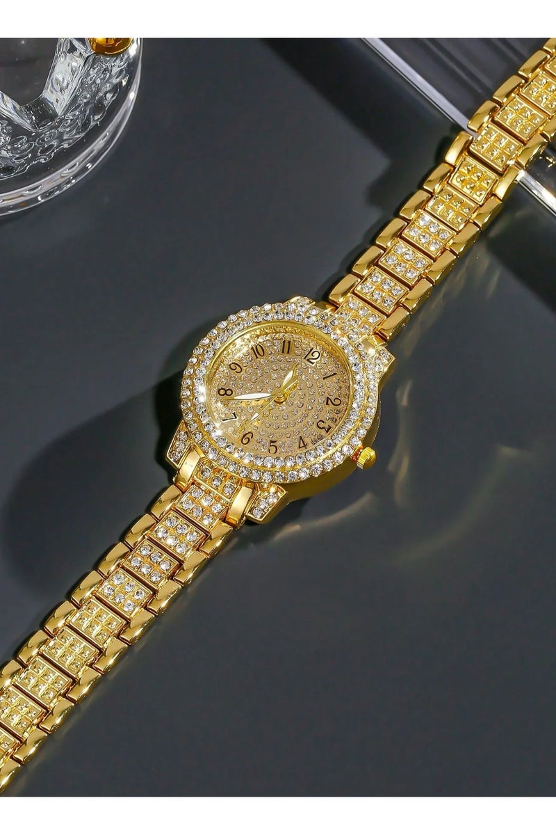 Luxury women's accessory set consisting of 5 pieces, including a women's watch, bracelet, necklace, earrings, and ring in gold color, adorned with sparkling rhinestones. The set is rust-resistant, making it ideal for gifting to a loved one, as a graduation gift, birthday gift, or for all special occasions. Box not included. - Image 4