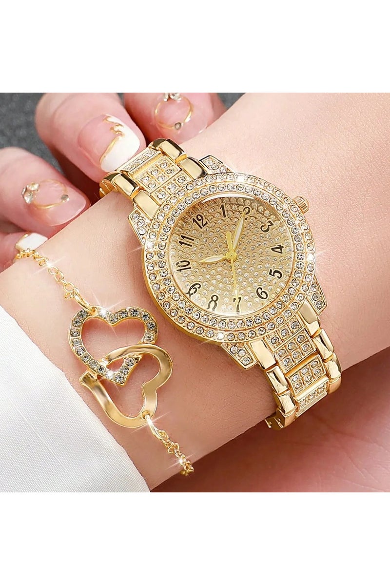 Luxury women's accessory set consisting of 5 pieces, including a women's watch, bracelet, necklace, earrings, and ring in gold color, adorned with sparkling rhinestones. The set is rust-resistant, making it ideal for gifting to a loved one, as a graduation gift, birthday gift, or for all special occasions. Box not included. - Image 5