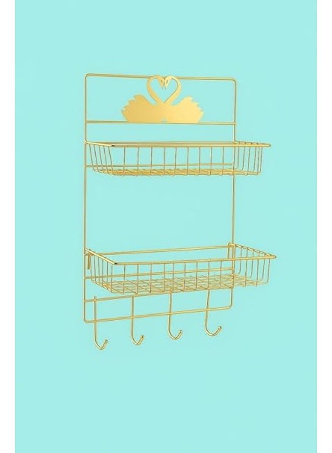 2-Tier Gold Metal Fridge or Bathroom Side Organizer 16kg Load Capacity with 4 Hooks Rust-Proof Scratch-Resistant Multi-Purpose for Kitchen and Bathroom CH - Image 2