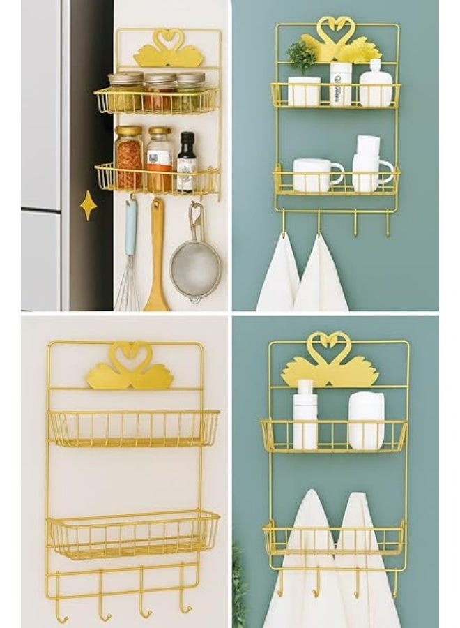 2-Tier Gold Metal Fridge or Bathroom Side Organizer 16kg Load Capacity with 4 Hooks Rust-Proof Scratch-Resistant Multi-Purpose for Kitchen and Bathroom CH - Image 3