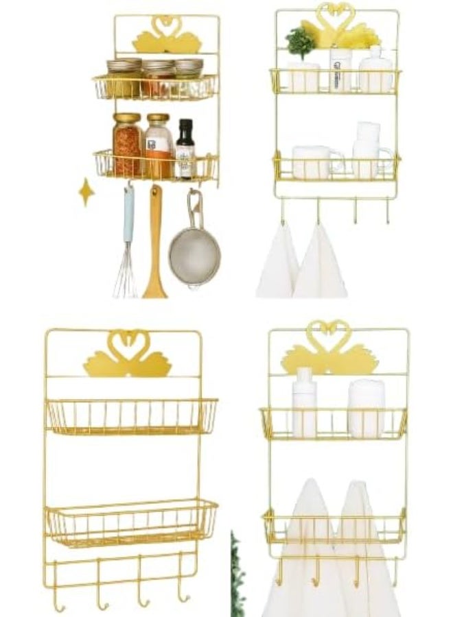 2-Tier Gold Metal Fridge or Bathroom Side Organizer 16kg Load Capacity with 4 Hooks Rust-Proof Scratch-Resistant Multi-Purpose for Kitchen and Bathroom CH - Image 5