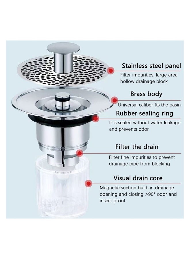 Universal Bathroom Sink Stopper, Pop Up Sink Plug, 2 in1 Universal Washbasin Water Head Leaking Stopper for 1.3~1.57in, Bathroom Sink Plug Pop-up Drain Filter (3PCS)
