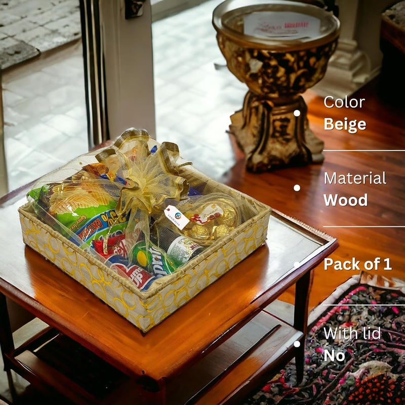 SANWALSA (Small, 8x8x2 inch, Square) MDF Base Designer Gift Hamper Packaging Baskets with Net Cover, Gift Hamper Organiser perfect for any occasion (Beige) - Image 2