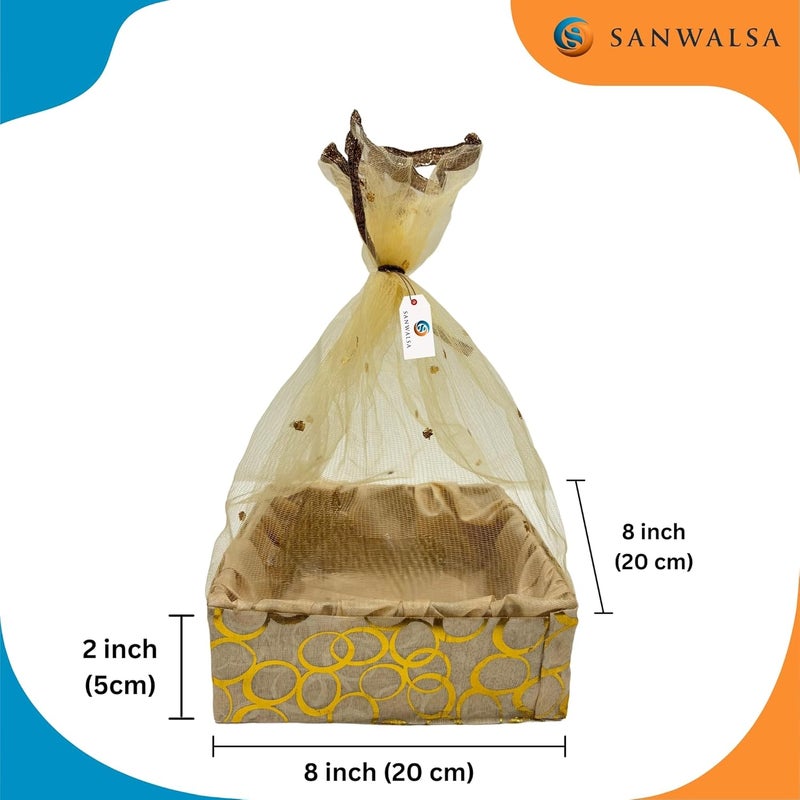 SANWALSA (Small, 8x8x2 inch, Square) MDF Base Designer Gift Hamper Packaging Baskets with Net Cover, Gift Hamper Organiser perfect for any occasion (Beige) - Image 4