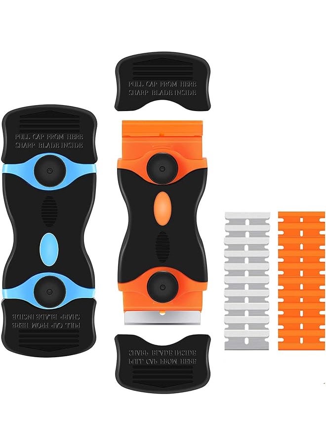 PROMASS promass 2 Pack Razor Blade Scraper, 2-in-1 Scraper Tool with 10 Pcs Plastic Blades and 10 Pcs Metal Blades, Multi-Purpose Cleaning Razor Scraper for Decals, Stickers, Labels, Caulk, Adhesive 