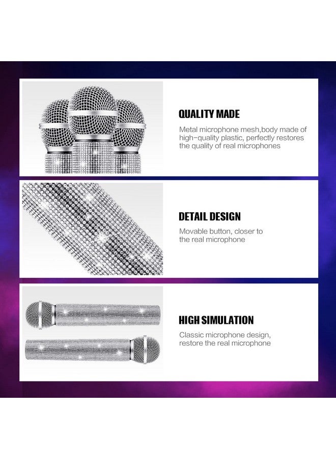 Threan 2 Pcs Fake Microphone Prop Sparkly Glitter Rhinestone Bedazzled Pretend Plastic Play Microphone Toy Mic for Cosplay Party Costume(Silver) - Image 5
