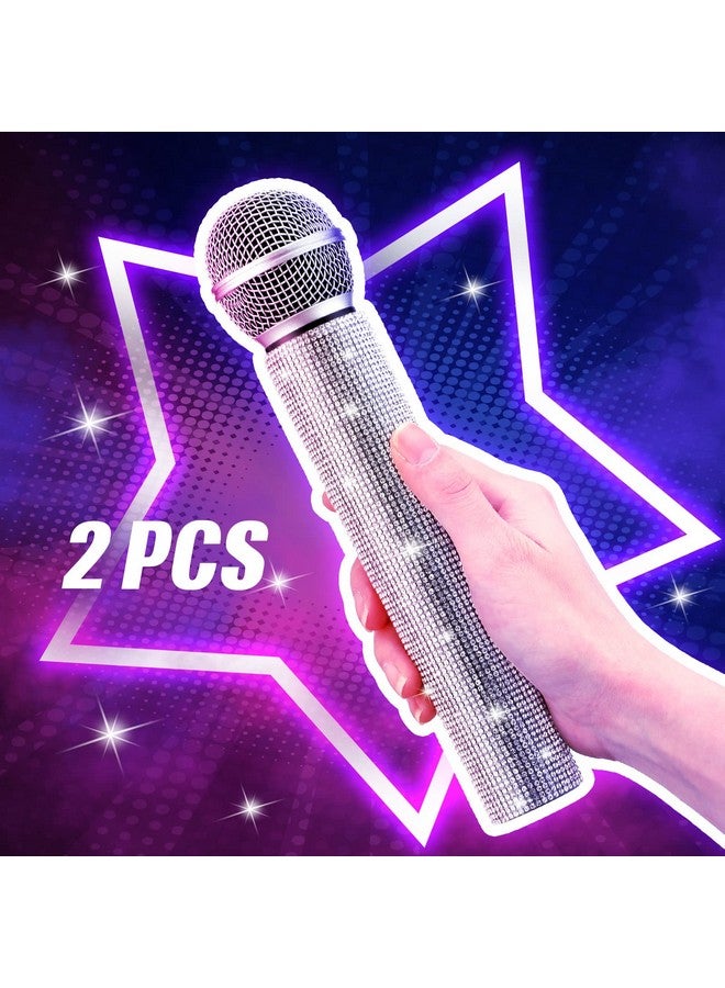 Threan 2 Pcs Fake Microphone Prop Sparkly Glitter Rhinestone Bedazzled Pretend Plastic Play Microphone Toy Mic for Cosplay Party Costume(Silver) - Image 4