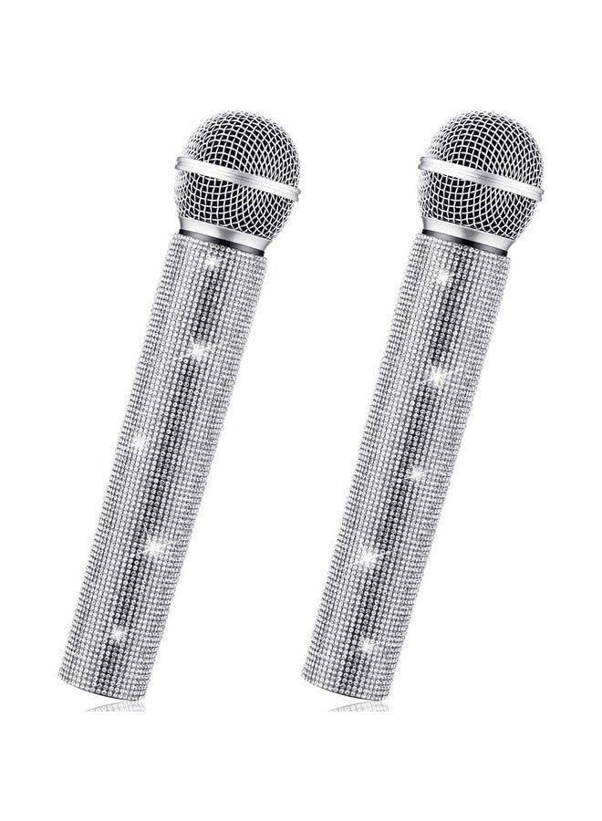 Threan 2 Pcs Fake Microphone Prop Sparkly Glitter Rhinestone Bedazzled Pretend Plastic Play Microphone Toy Mic for Cosplay Party Costume(Silver) - Image 1