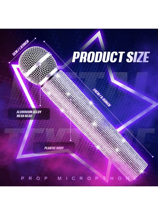 Threan 2 Pcs Fake Microphone Prop Sparkly Glitter Rhinestone Bedazzled Pretend Plastic Play Microphone Toy Mic for Cosplay Party Costume(Silver) - Image 2