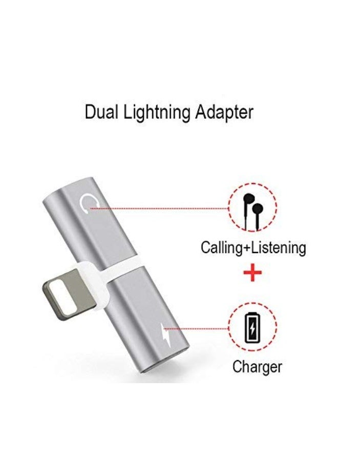 ACLIX 2 in 1 Mini Portable Metal Splitter Lightning Audio Charger Adapter for iPhone X 7 8 Plus (Silver) - Image 1
