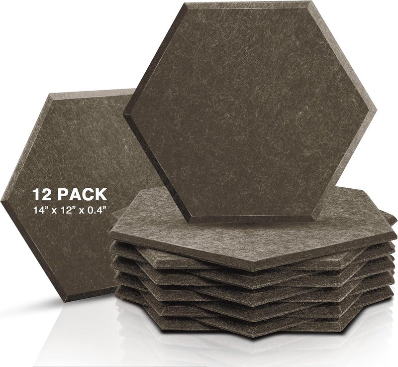 Sonic Acoustics حزمة من 12 لوحة صوتية هكسائية من ، م��اسات 14" × 12" × 0.4"، عالية الكثافة، تمتص الصوت، عازلة للصوت، بحواف مائلة، للاستخدام في الاستوديوهات، لون بني - Image 1