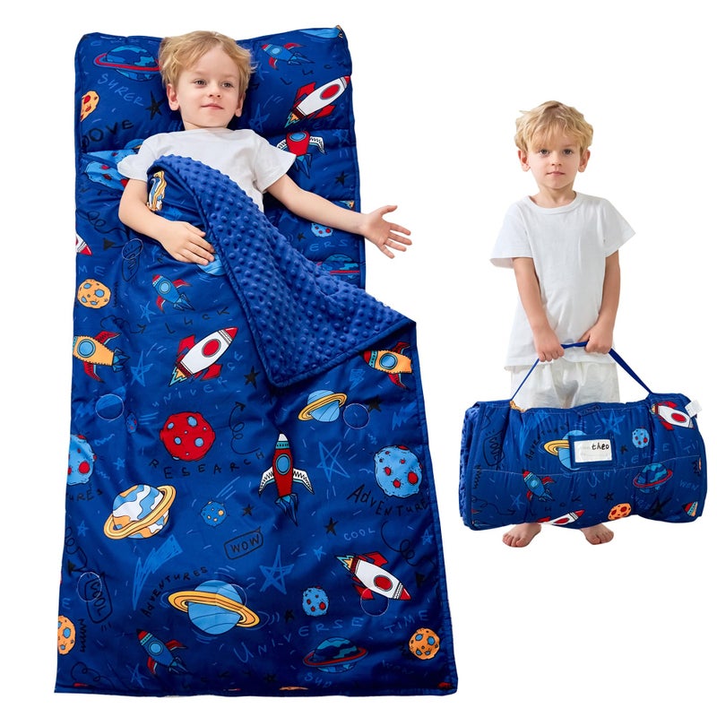 Lasoftan Toddler Nap Mat With Pillow And Blanket, Extra Large Rolled Napping Mats,Slumber Bags For Boys Girls,Kids Sleeping Bag For Daycare, 21"" X 50"" Preschool Travel Camping - Universe - Image 1