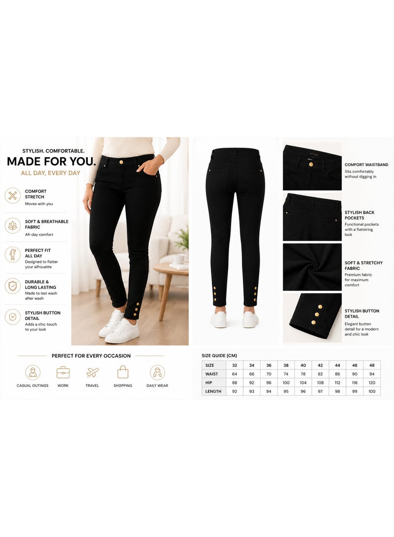NOVA TECH Women's Slim Fit Stretch High Waist Pants with Button Ankle Detail, Black - Image 5