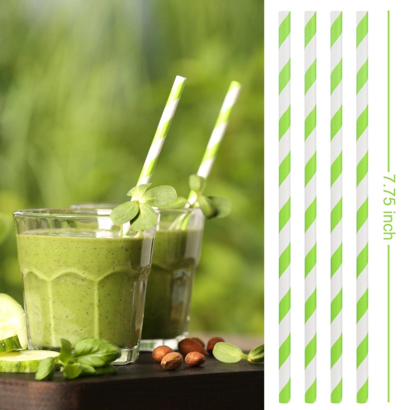 ALINK 100 Light Green and White Striped Paper Straws  Biodegradable Disposable Drinking Straws for Smoothie  Brithday  New Year  Party Decoration Supplies - Image 2