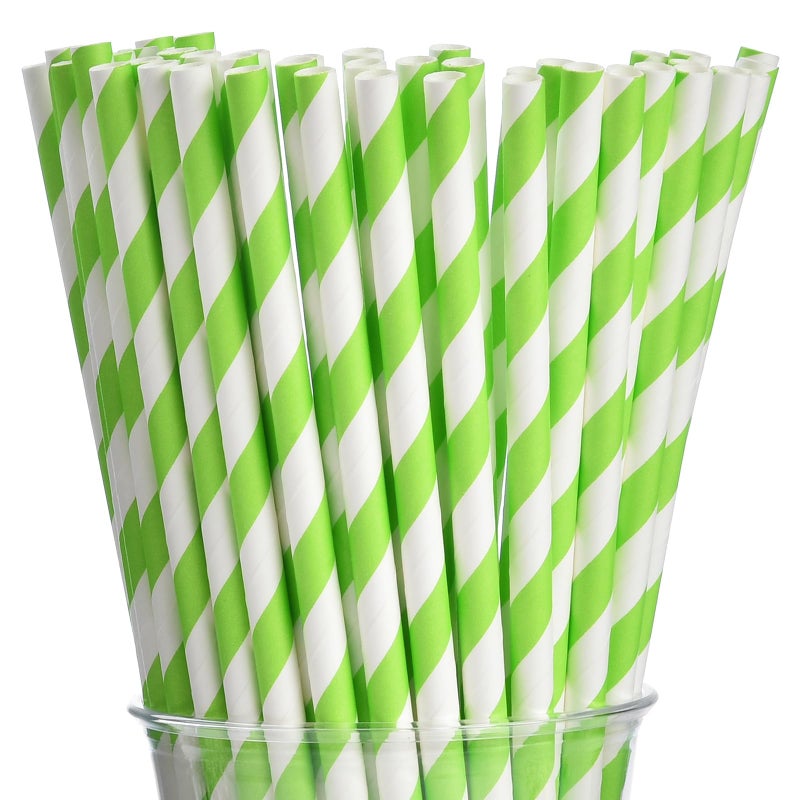 ALINK 100 Light Green and White Striped Paper Straws  Biodegradable Disposable Drinking Straws for Smoothie  Brithday  New Year  Party Decoration Supplies - Image 1