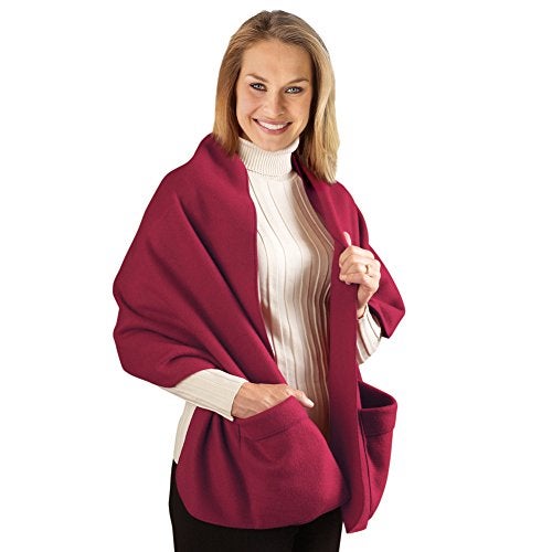 Collections Etc Cozy Fleece Wrap Shawl With Large Front Pockets - Keeps Hands and Shoulders Warm During Cold Winter Season, Burgundy - Image 1