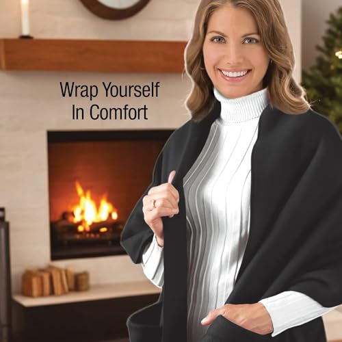 Collections Etc Cozy Fleece Wrap Shawl With Large Front Pockets - Keeps Hands and Shoulders Warm During Cold Winter Season, Burgundy - Image 4