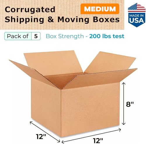 IDL Packaging Medium Moving & Shipping Boxes 12 x 12 x 8 inches (5-Pack) - Extra Strength 200 lb vs Regular - USA-Made Corrugated Cardboard Boxes for USPS/UPS/FEDEX - Box for Shipping by IDL Packaging - Image 2