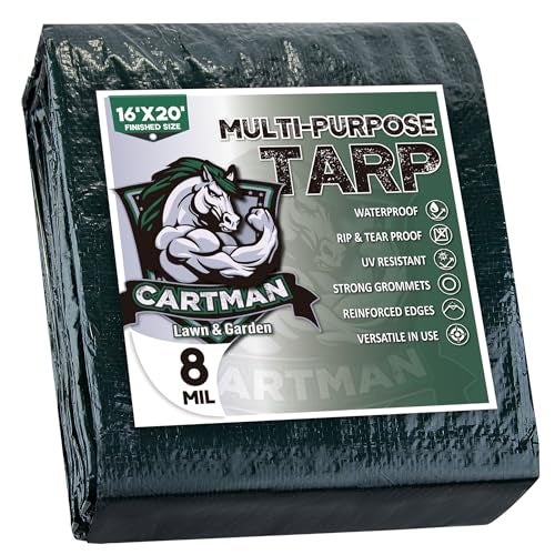 CARTMAN Finished Size 16x20 Feet Waterproof Green Tarp 8 Mil Thick Multipurpose Protective Cover for Emergency Rain Shelter Camping Tarpaulin