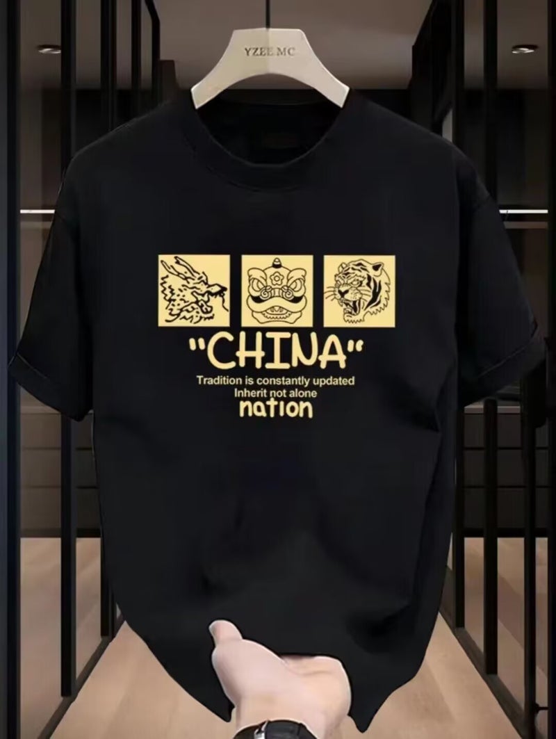 Summer Printed Short-Sleeved T-Shirt Men'S Japanese Style Loose All-Match Half-Sleeved Simple Base Shirt Trendy - Image 1