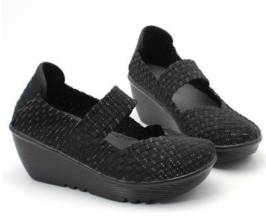 2021 Cross-border Lightweight Elastic Woven Shoes Rocking Shoes Womens Shoes High-top Platform Heel Casual Inner Height-increasing Single-layer Shoes for Women Black Gold