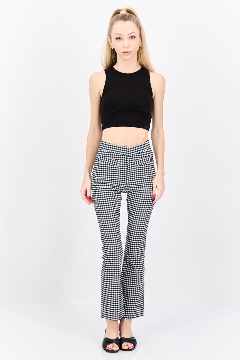 MANGO Women Flare Fit Checkered Crop Pants, Black  - Image 4