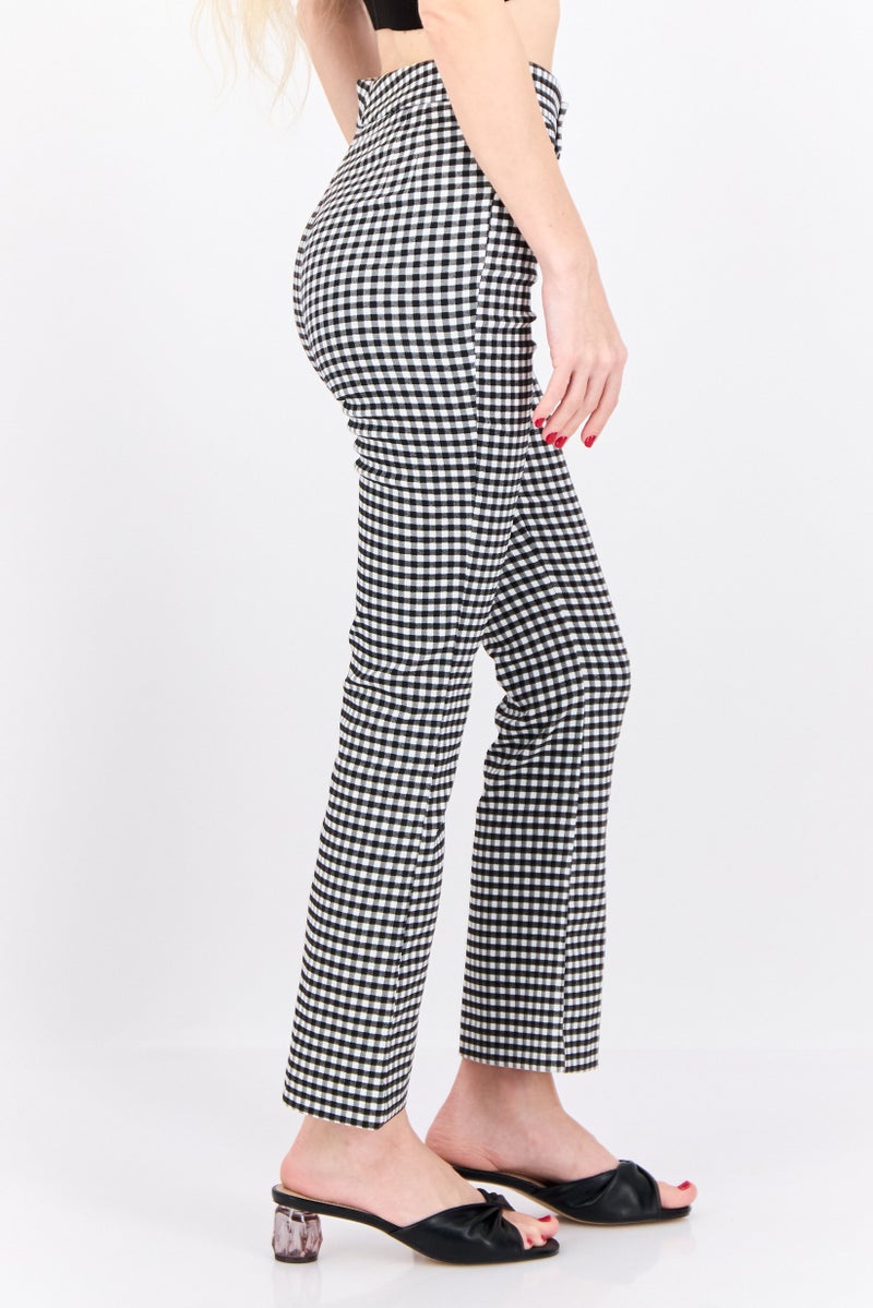 MANGO Women Flare Fit Checkered Crop Pants, Black  - Image 2